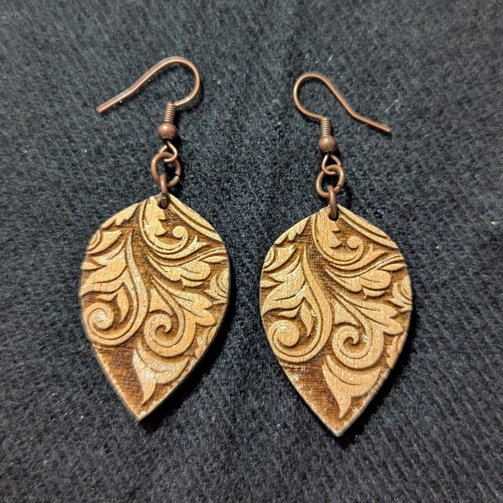 Brown Wooden Bronze Carved Teardrop Shape Lightweight Dangle Statement Earrings